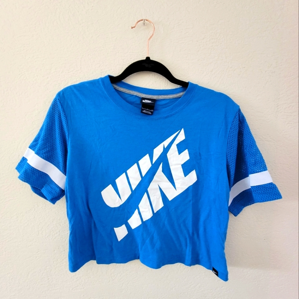 Nike Crop Women's Tee with Mesh Sleeves (Blue) (Small)